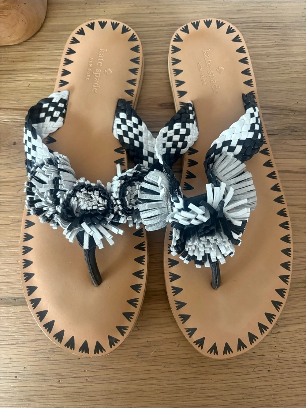 kate spade Black & White Braided Floral Toe-Post Sandals